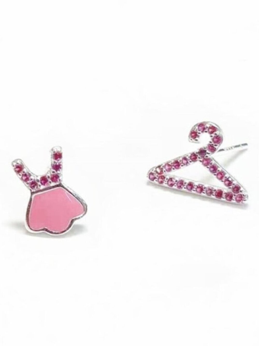 Small Dress & Hanger Pink Stone CZ Sterling Silver Stud Earrings